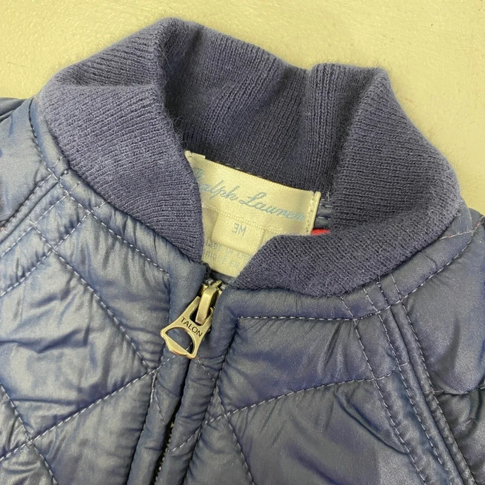 Ralph Lauren Quilted Bomber Jacket Baby Boy 3M Navy Blue Red Pony Zip Up Coat